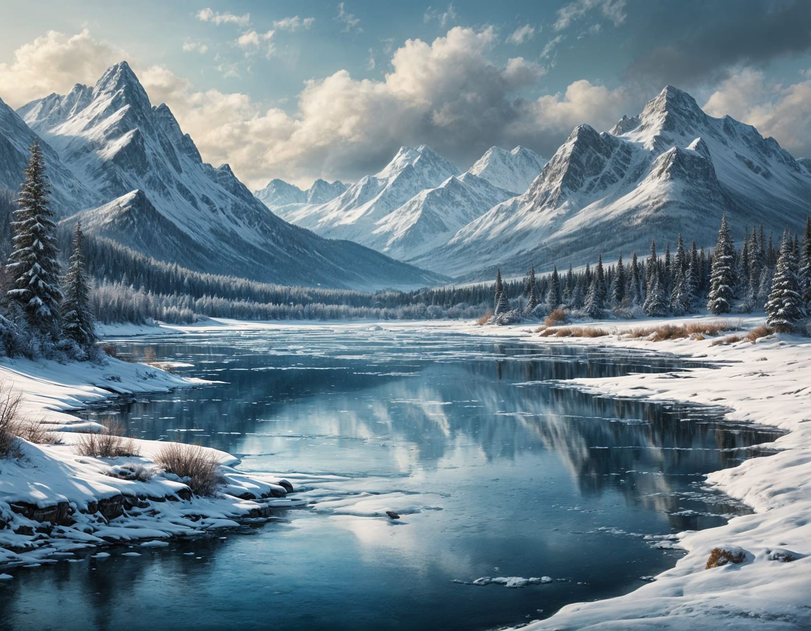 Frozen Lake and Mountains in Winter Weather