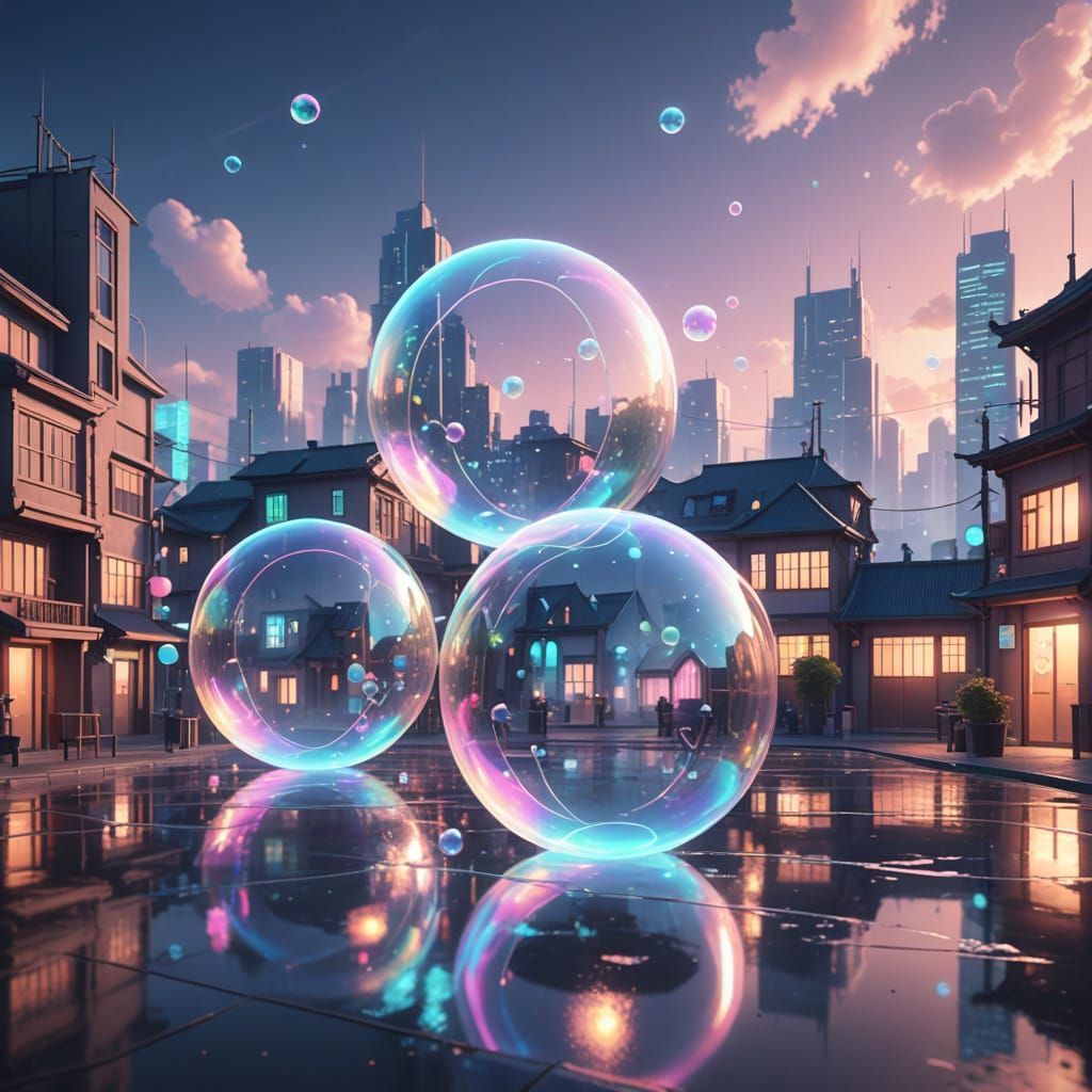 Futuristic Anime Cityscape with Glowing Soap Bubble Building...
