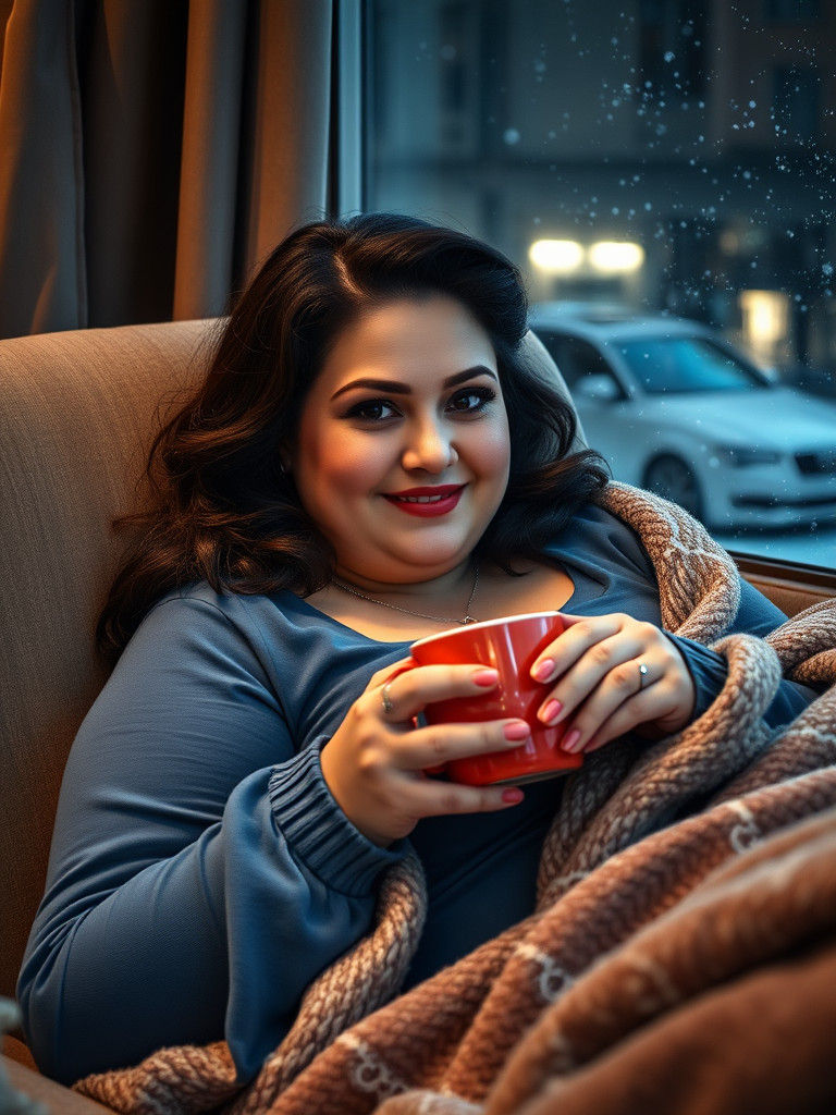 Cozy Woman Enjoying Coffee on a Snowy Night
