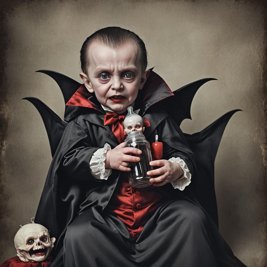 newborn dracula holding a baby bottle