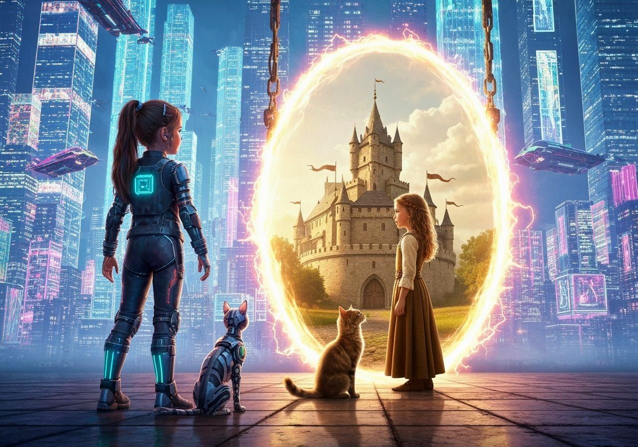 Cyberpunk Girl and Medieval Girl Across Time Portal