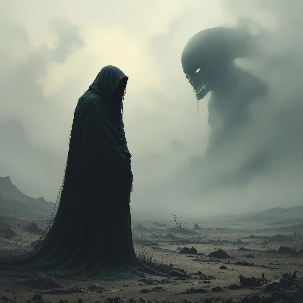 Eerie Figure in Desolate Landscape: Dark Surrealism
