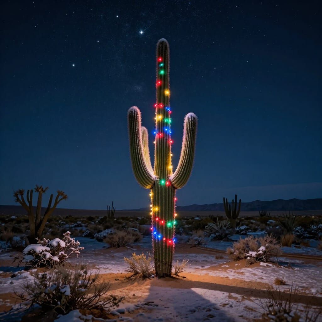 Saguaro Cactus Illuminated by Christmas Lights in Snowy Dese...