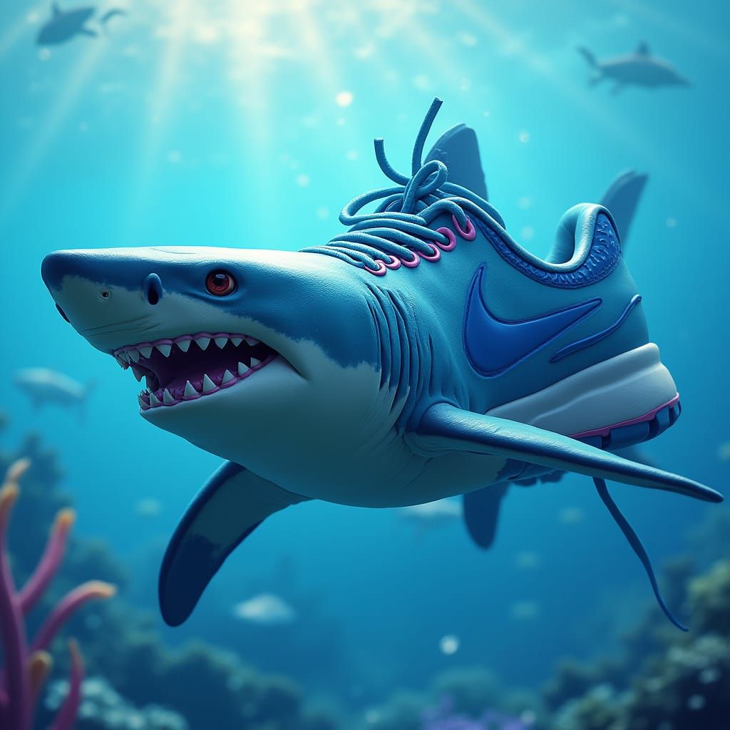 Shark with Blue Nikes in Digital Painting Style
