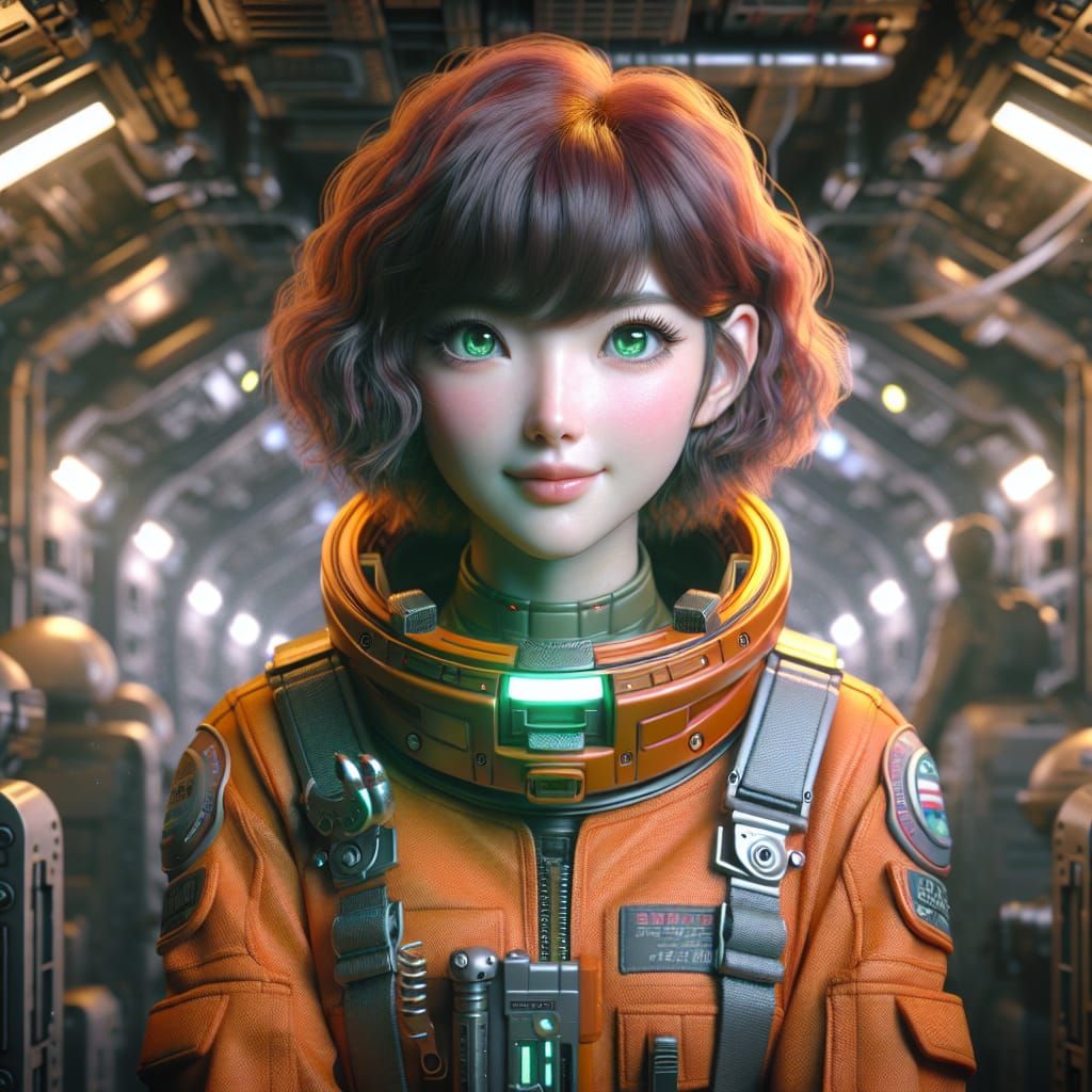 Japanese Girl in Spacesuit in Cyberpunk Cargo Bay