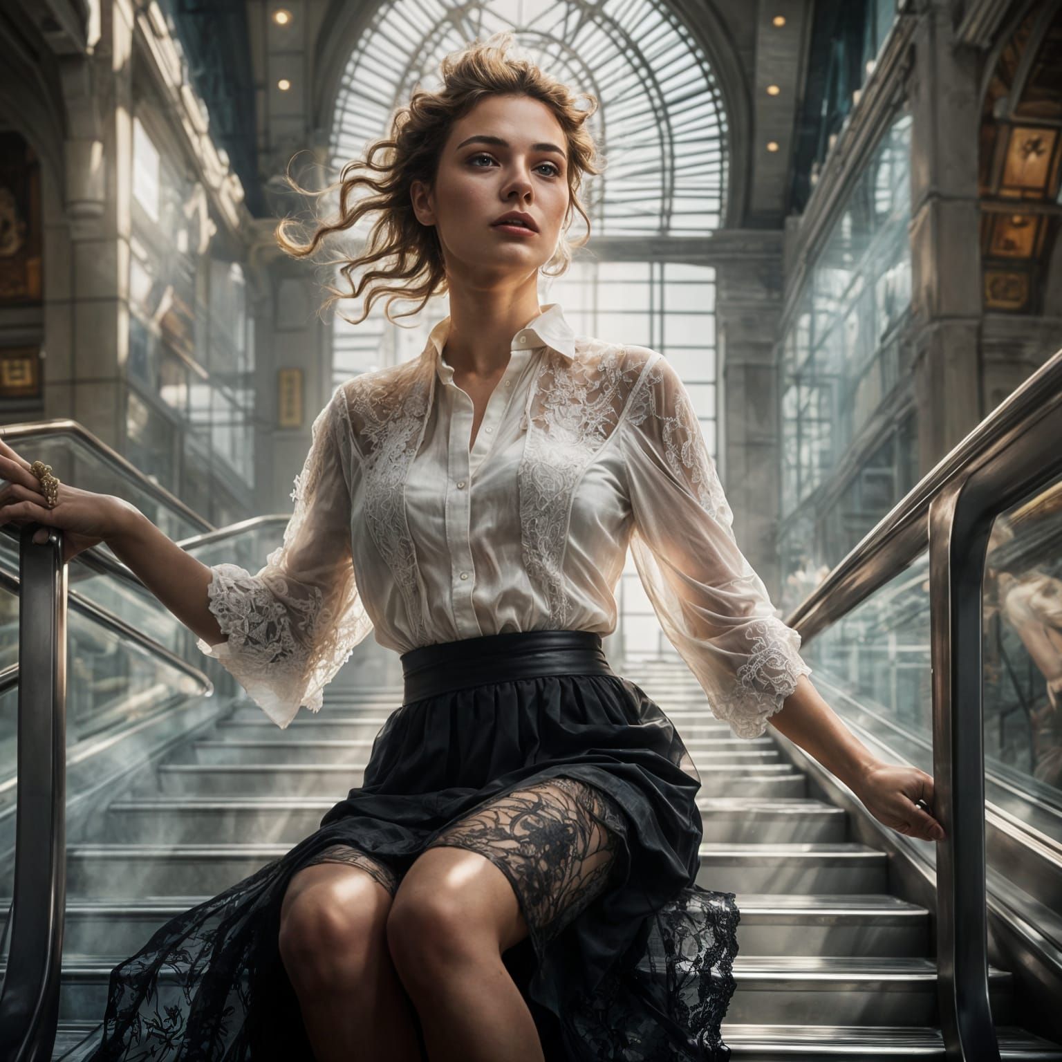 Woman on Escalator in Rococo Hyperdetailed Style