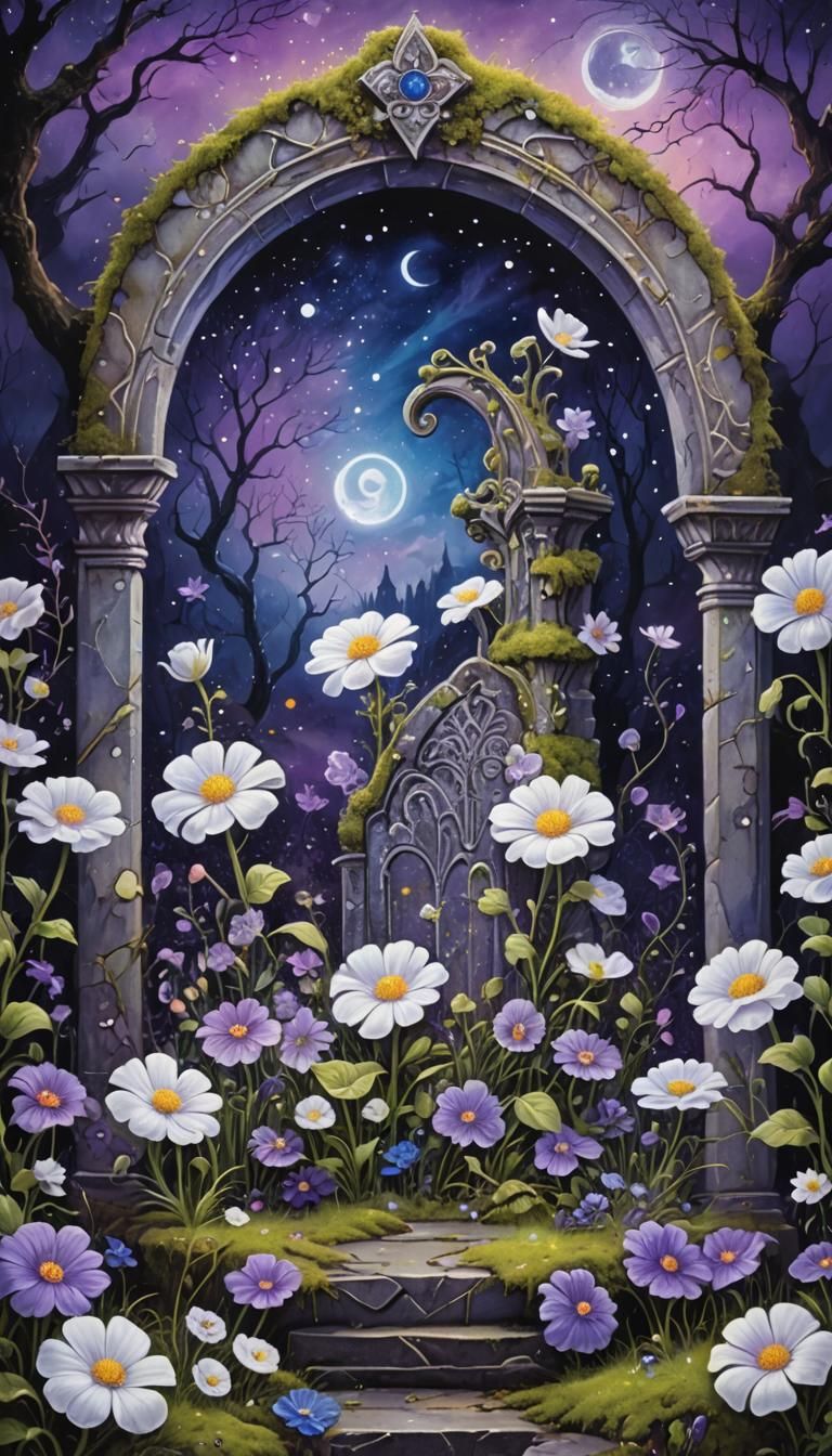 Romantic Violets Bloom on Gothic Grave, Astral Oil Painting
