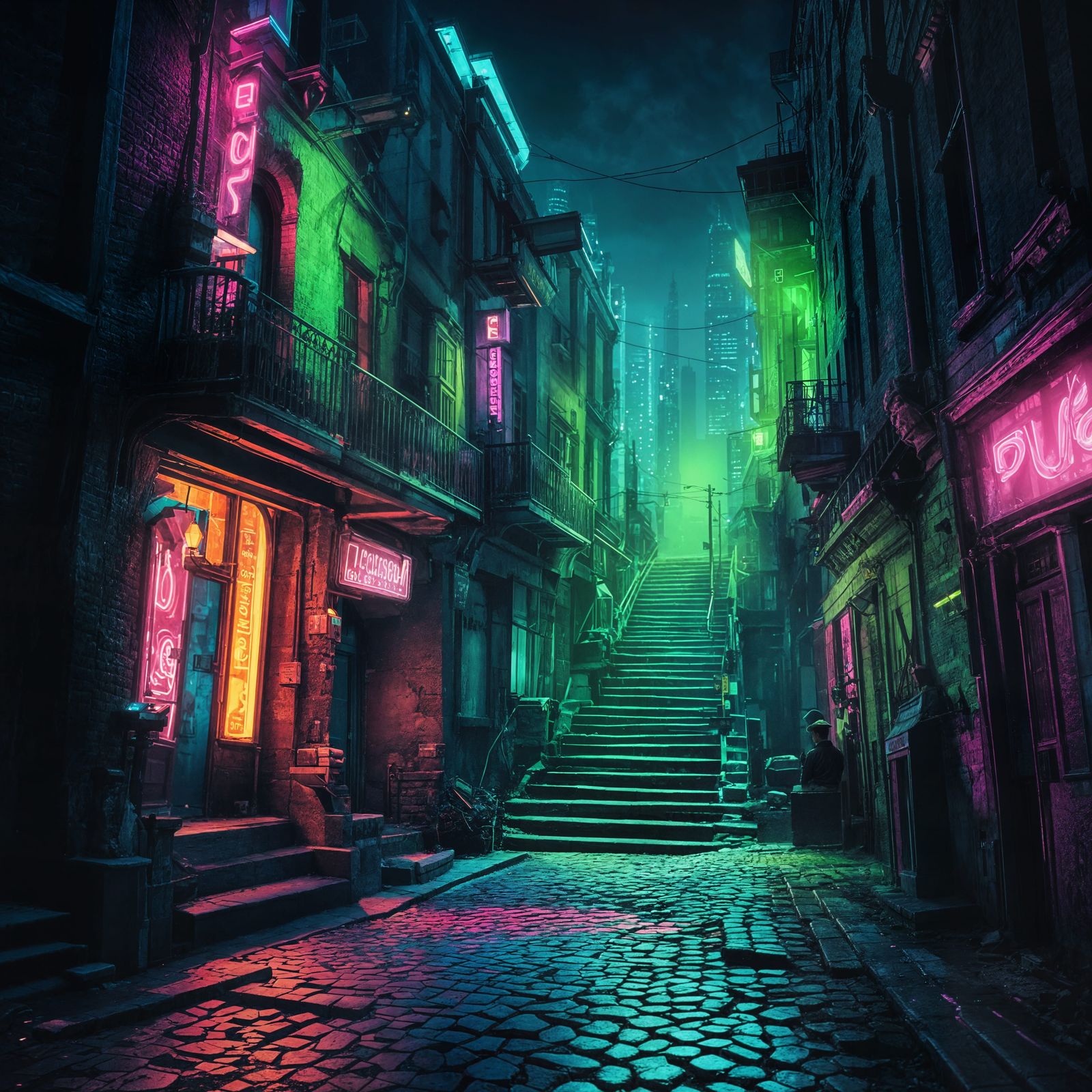 Neon Cobblestone Street Collapsing into Abyss