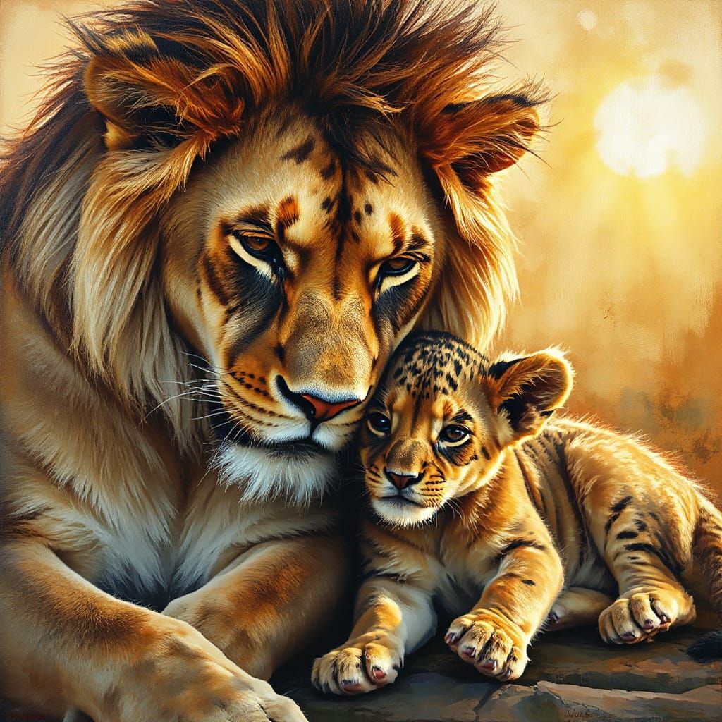 Lion Family Love in Romantic Oil Painting Style