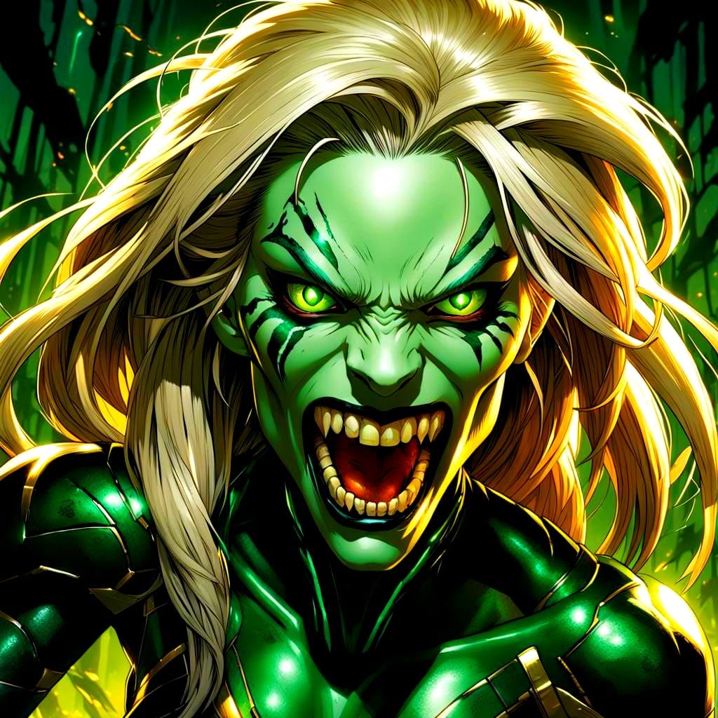 Feral Green-Skinned Woman with Metallic Teeth, Comic Art