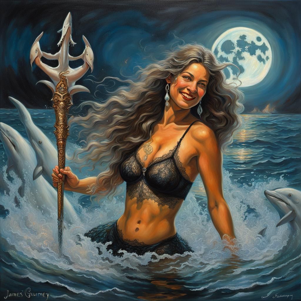 Steamy Shark Encounter: Oil Painting of a Mermaid