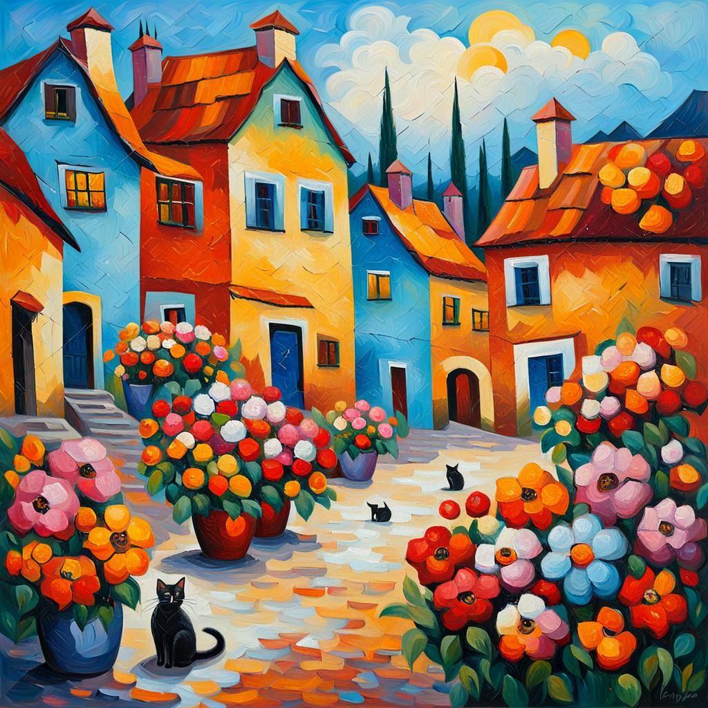 Village Street with Flowers and Cats: Expressionist Oil Pain...