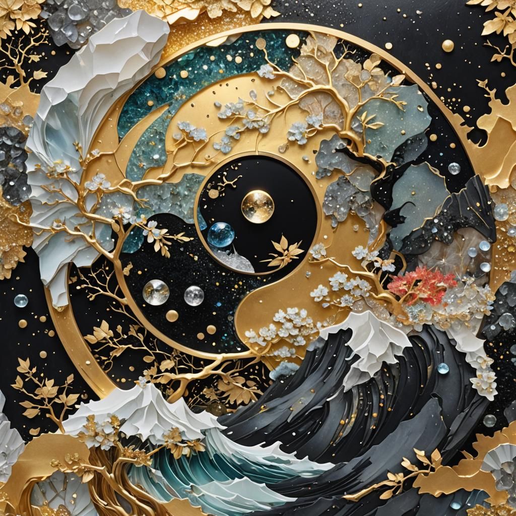 Yin Yang Japanese Landscape Mixed Media Collage