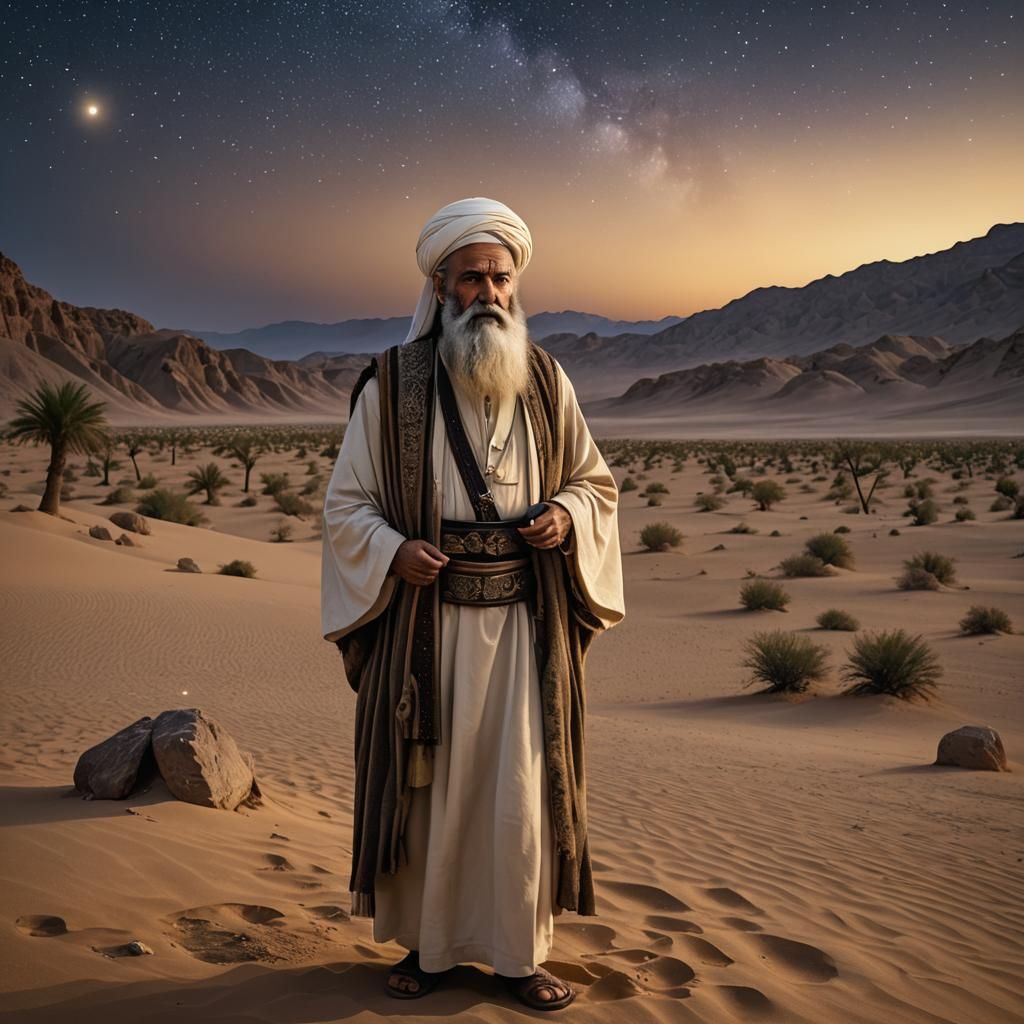 Abraham Praying in Desert Landscape at Twilight