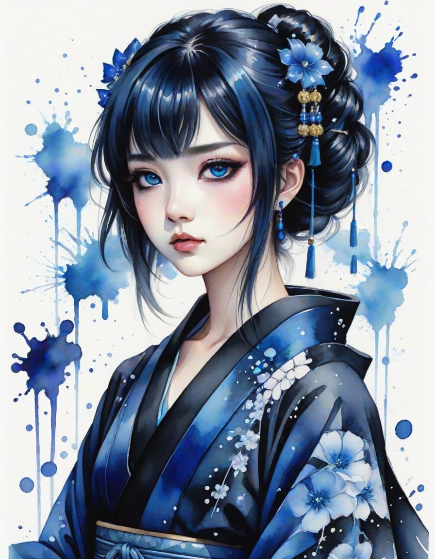 Gothic Geisha Goddess in Sapphire Watercolor