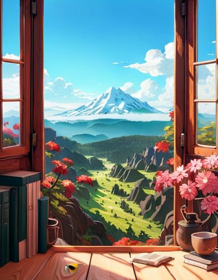 Detailed Window Overlooking Mountain Landscape