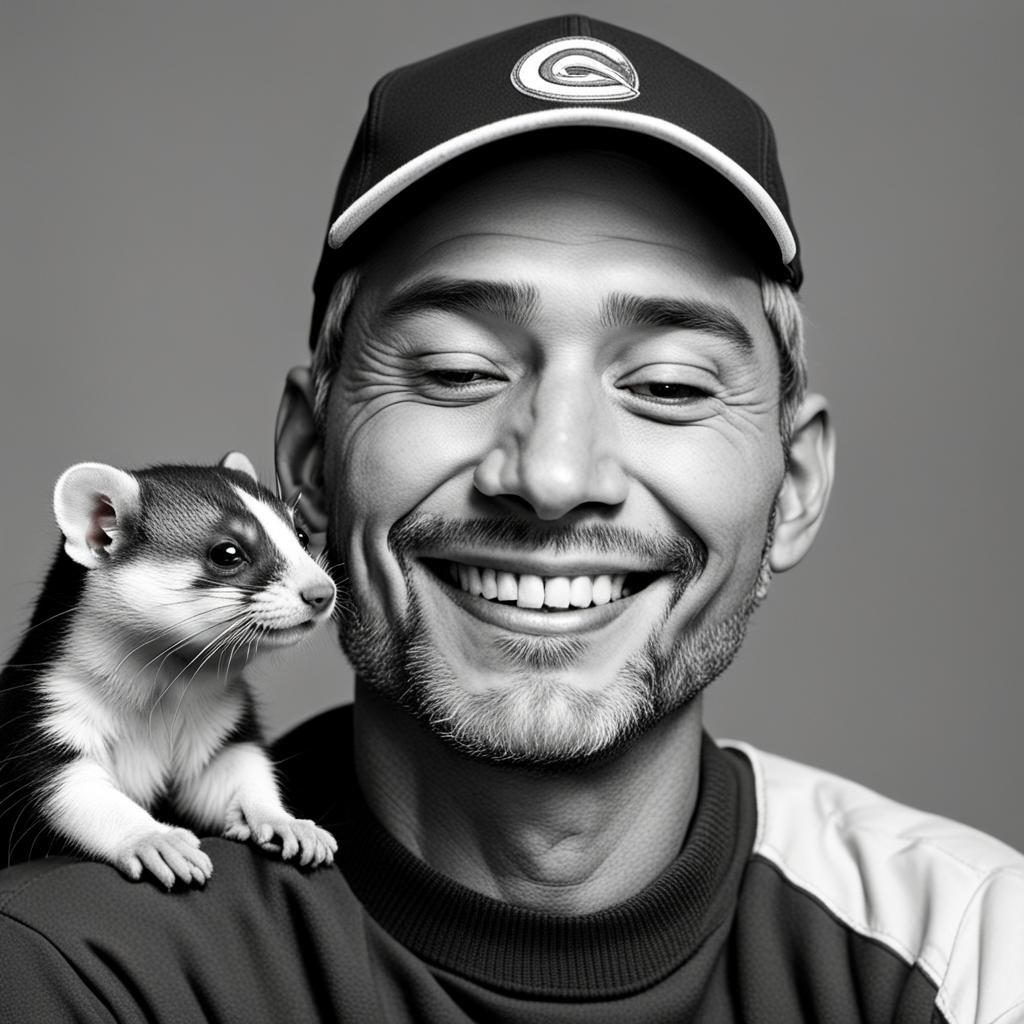 Man Smiles with Ferret Sleeping on Cap