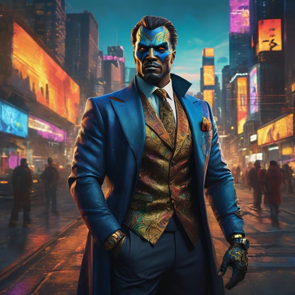 Confident Villain in Vibrant Cityscape: Hyperrealistic Conce...