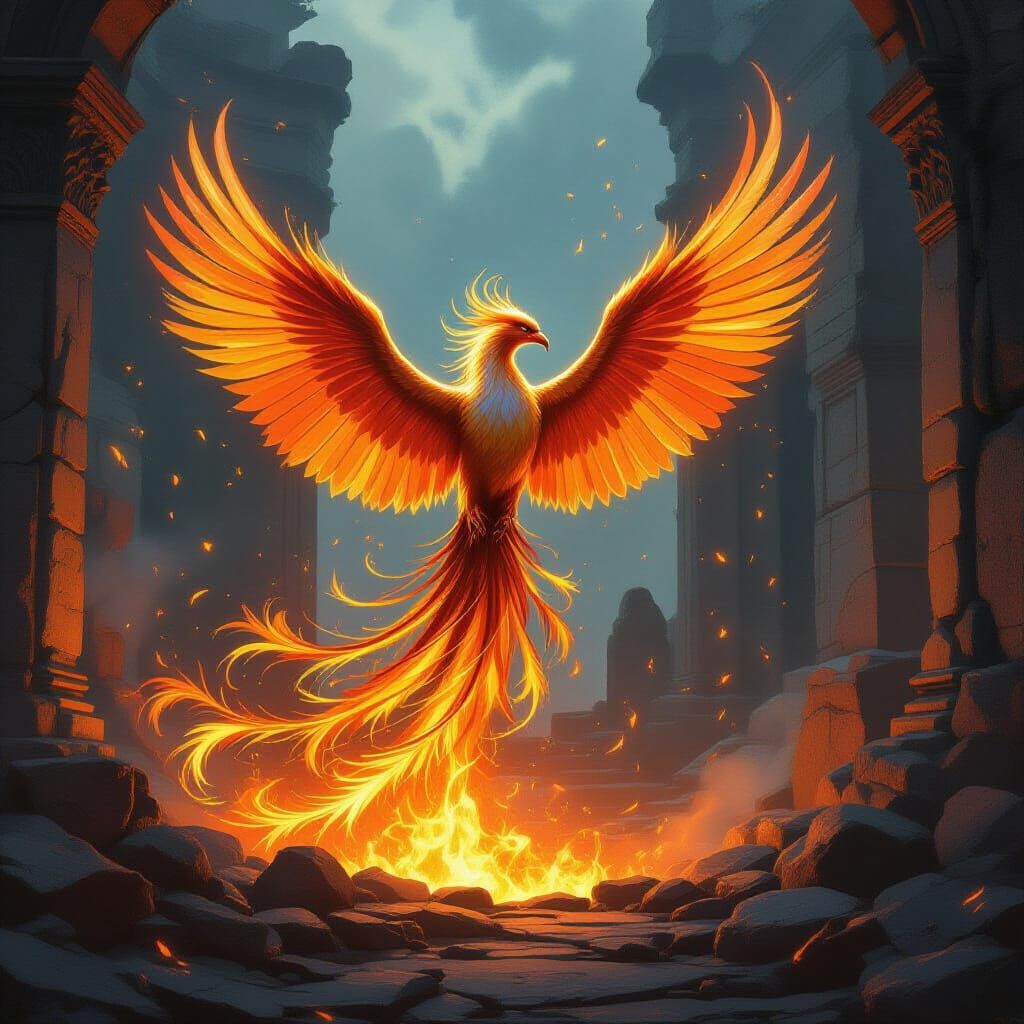 Majestic Phoenix Rises From Embers in Fantasy Art Style