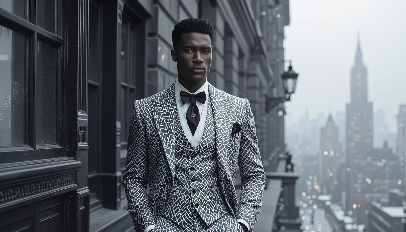 Elegant Gay Man in Misty Cityscape: Black and White Portrait