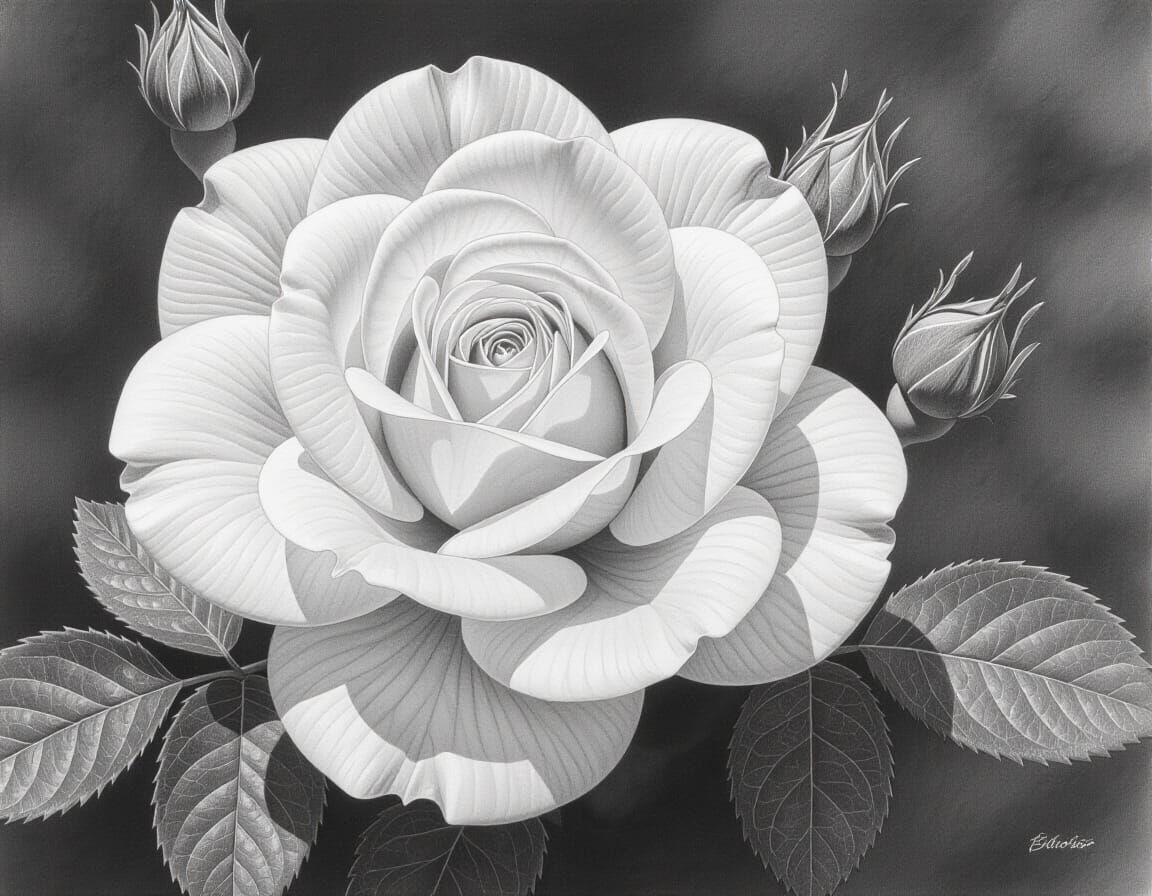 Hyperrealistic Charcoal Drawing of a White Rose