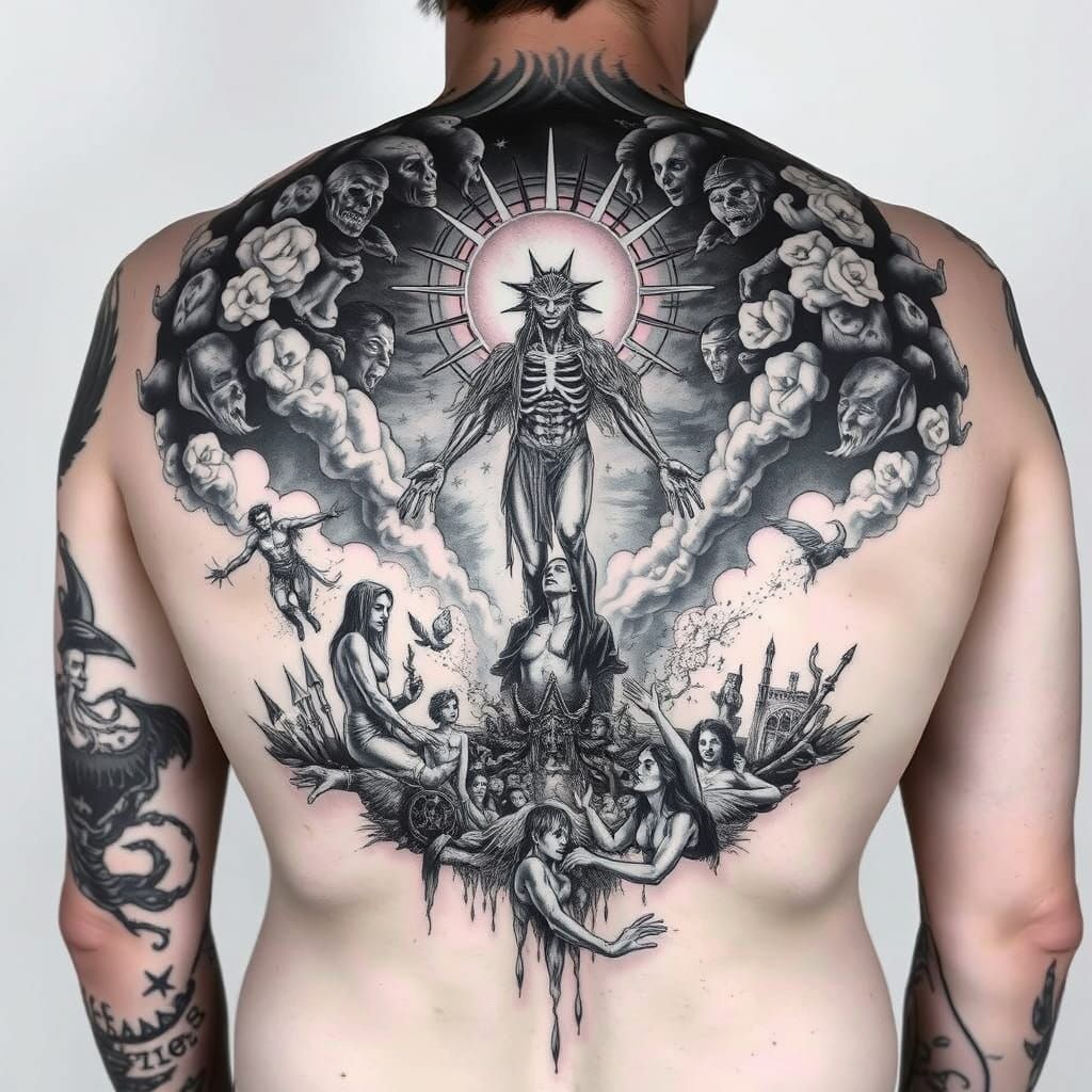 Surreal Full-Back Tattoo Design in Monochrome