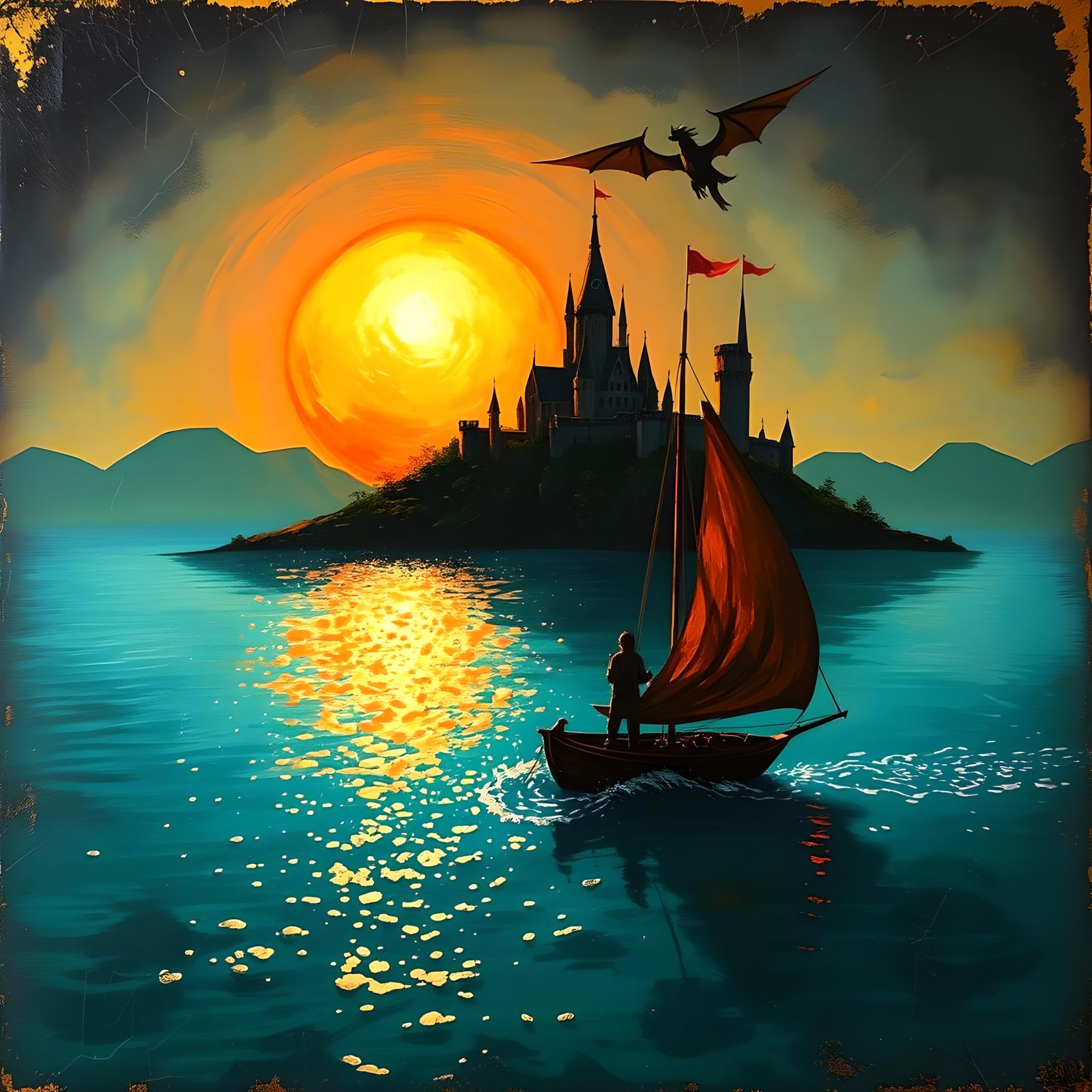 Fantasy Sailboat and Dragon in Impasto Style