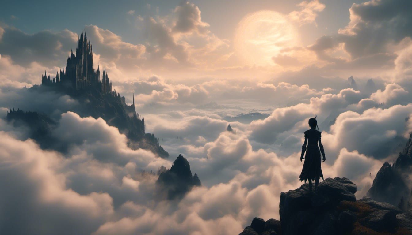 Elven Silhouette Above Clouds in Medieval Japan