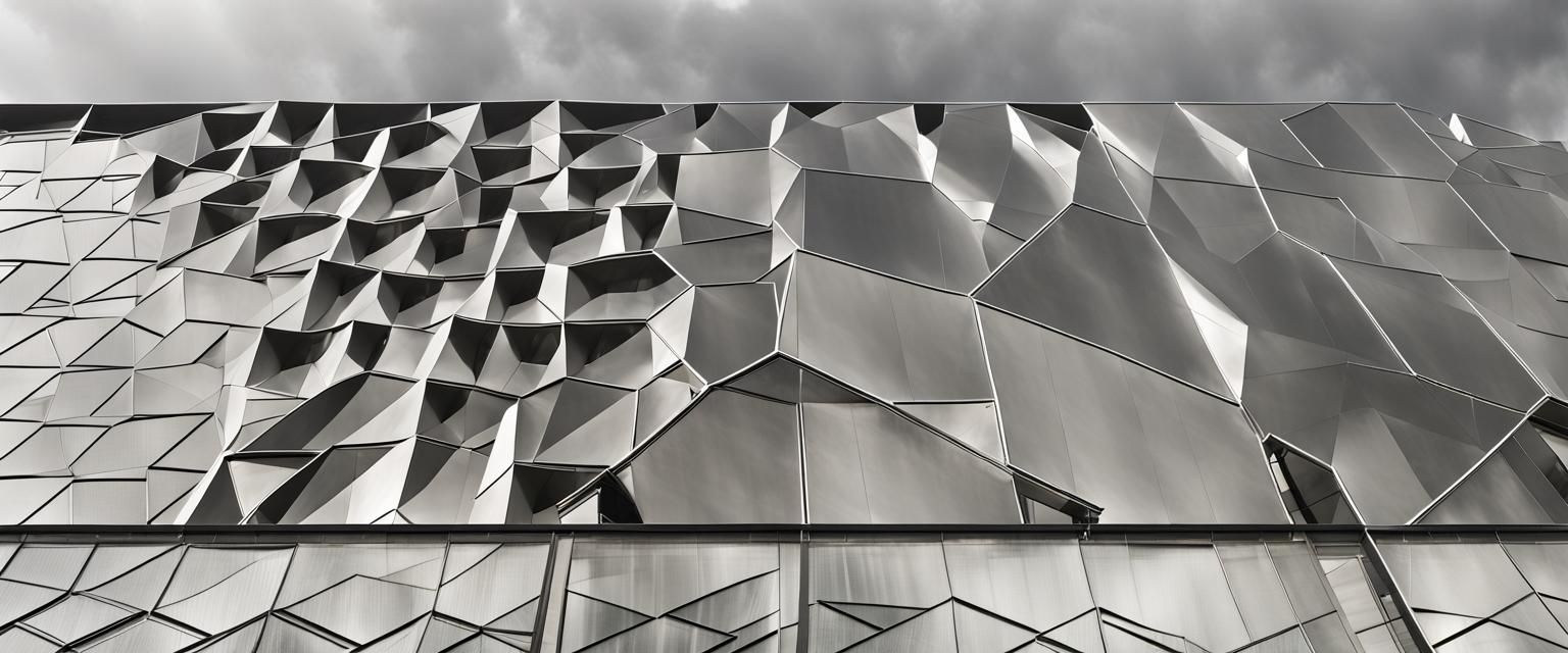 Metallic Mesh Building with Geometric Windows