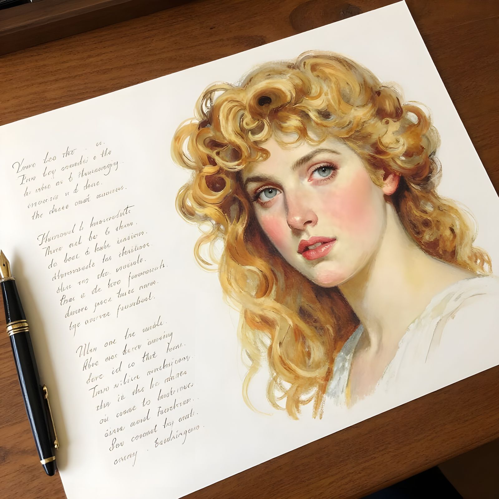 AI Art: Woman's Portrait with Poems and Fountain Pen