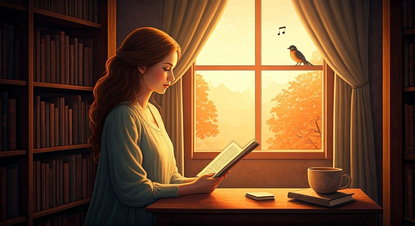 Woman Reads in Library at Sunset in Dreamy Style