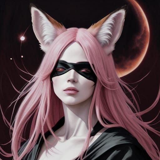 Manga Watercolor of Fox-Eared Woman in Occult Robes