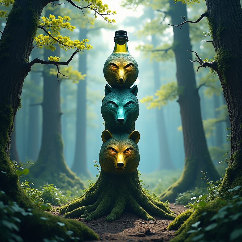 Mystical Totem Pole of Glass in Emerald Forest