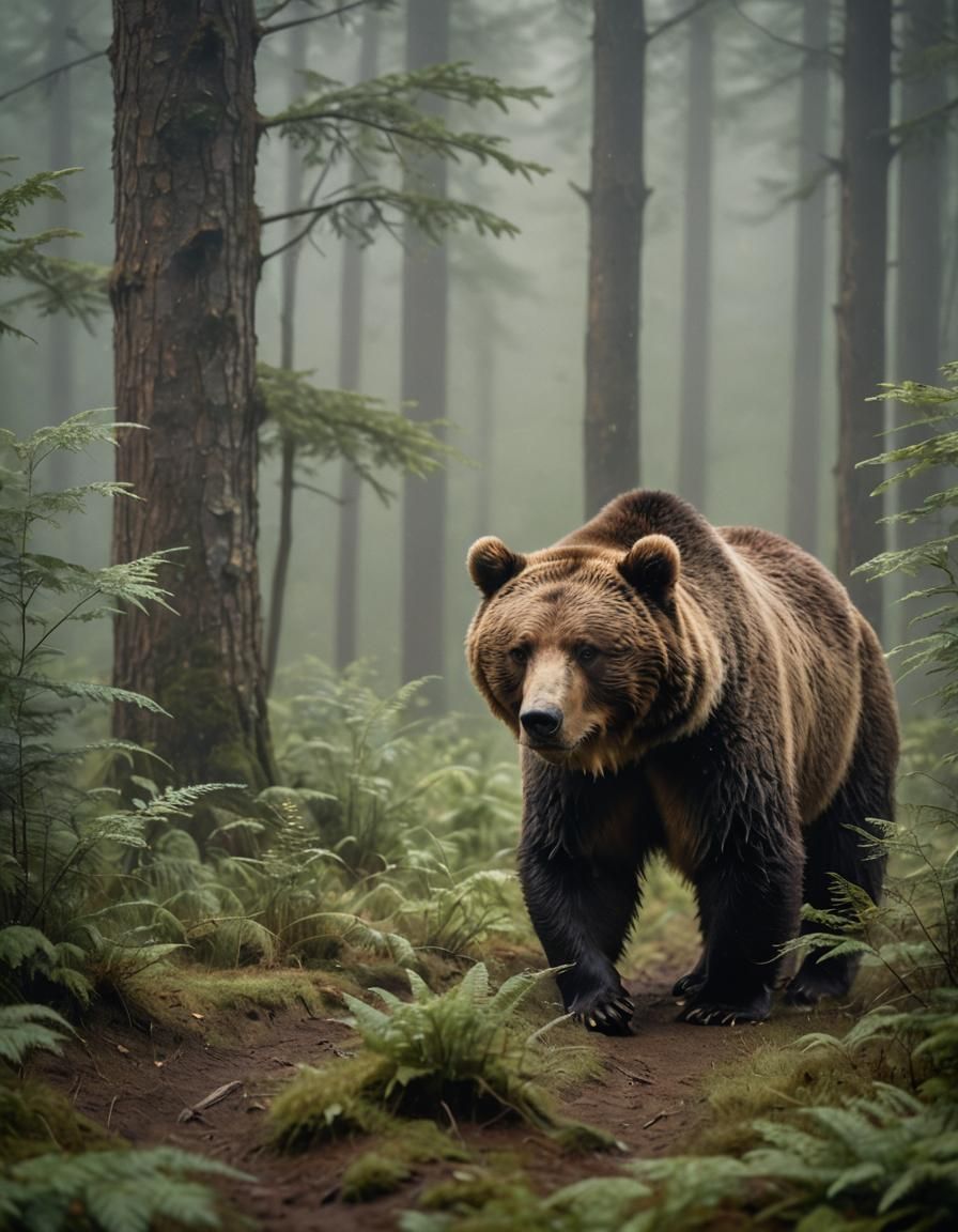Siberian Brown Bear in Misty Forest