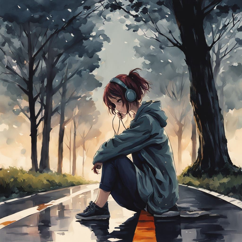 Anime Girl's Sorrowful Rainy Day Scene in Watercolor Style