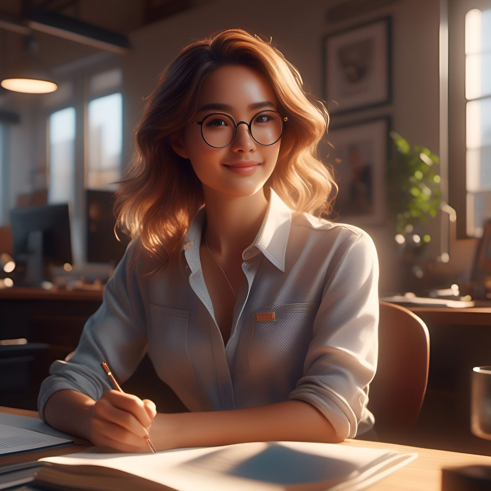 Gorgeous Woman in Sunny Office: Hyperrealistic Digital Art