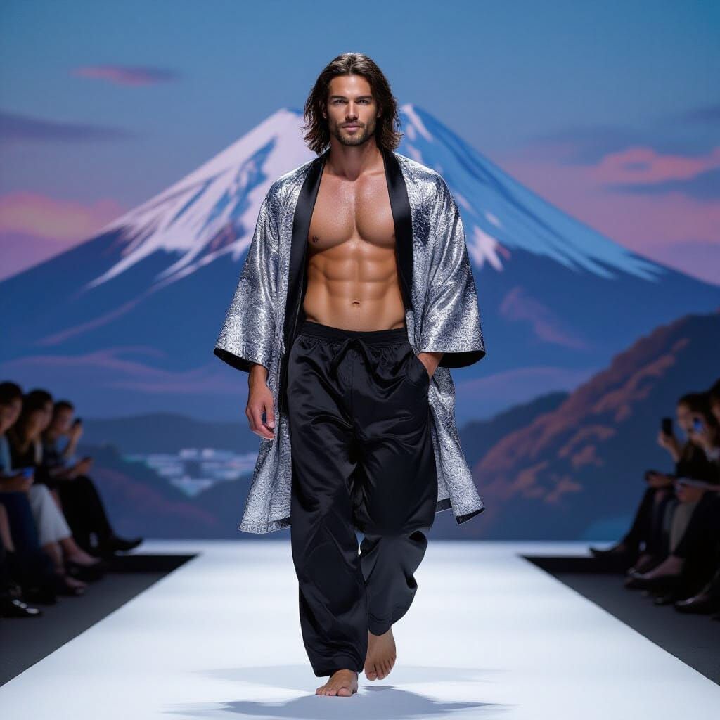 Man in Kimono Walks Runway: Hyperrealistic Concept Art