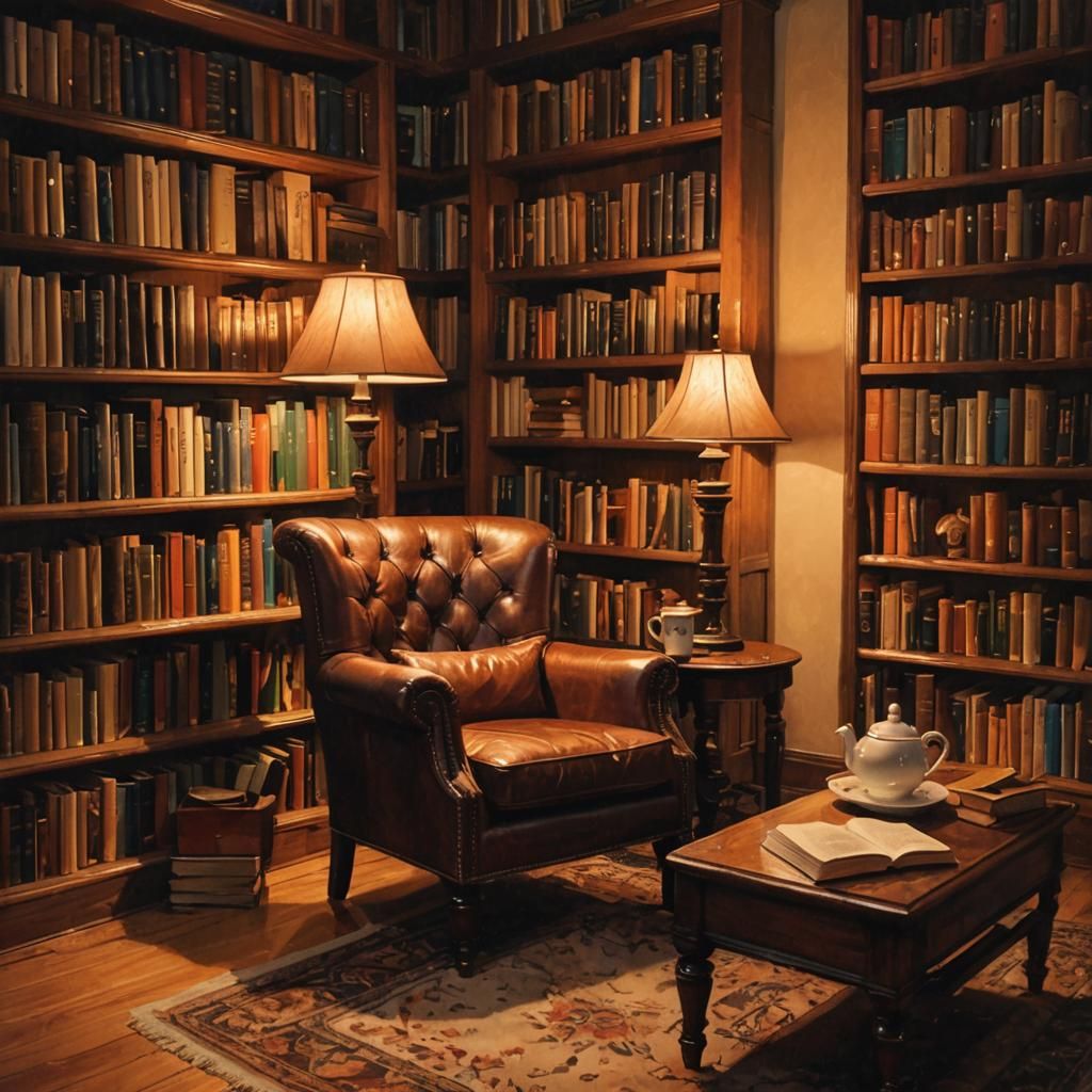 Cozy Library Corner with Warm Light and Books