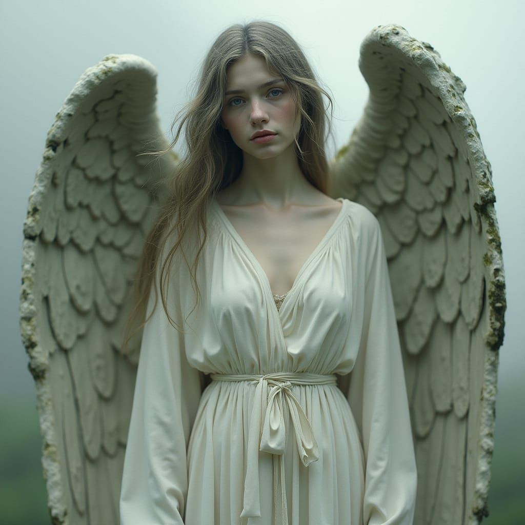 Marble Angel Statue in Misty Landscape