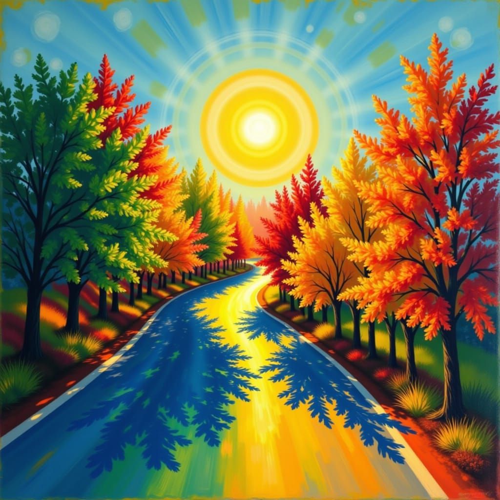 Vibrant Winding Road with Colorful Trees and Sunlight