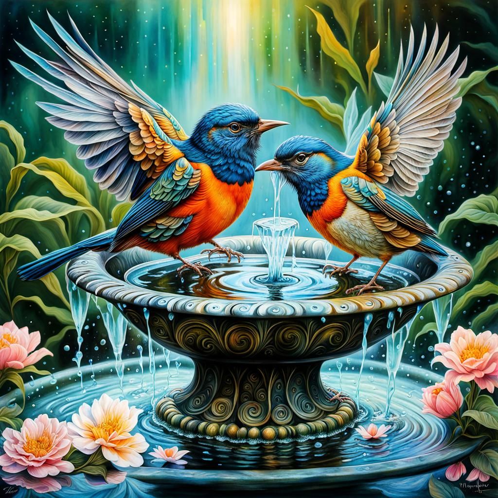 Bird Bathing: Double Exposure Collage in Airbrush Style