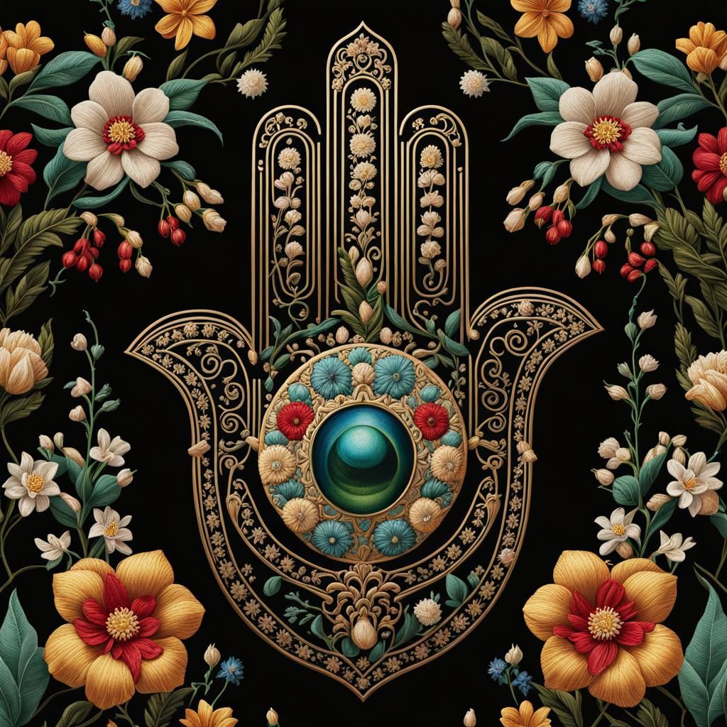 Hamsa Embroidery Design with Flowers in Detailed Painting