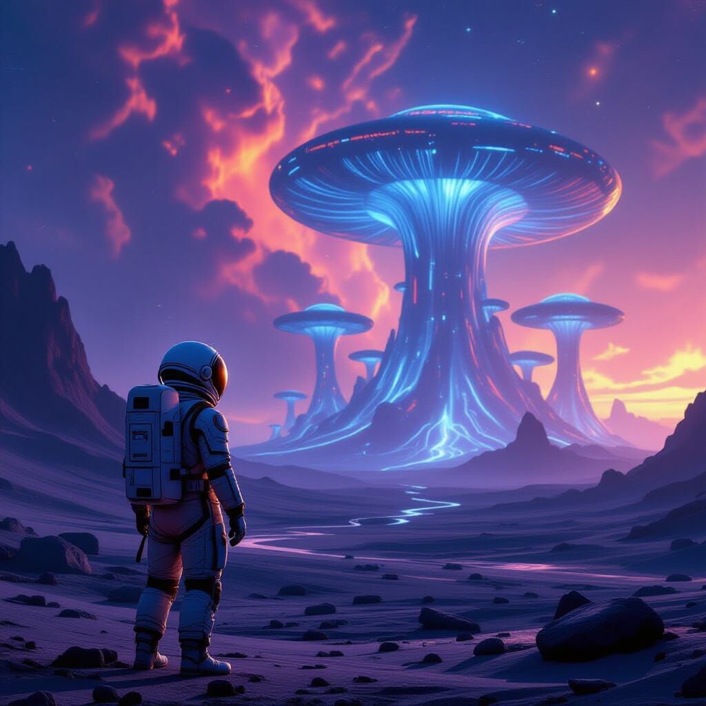 Astronaut on Alien Planet with Bioluminescent Forest