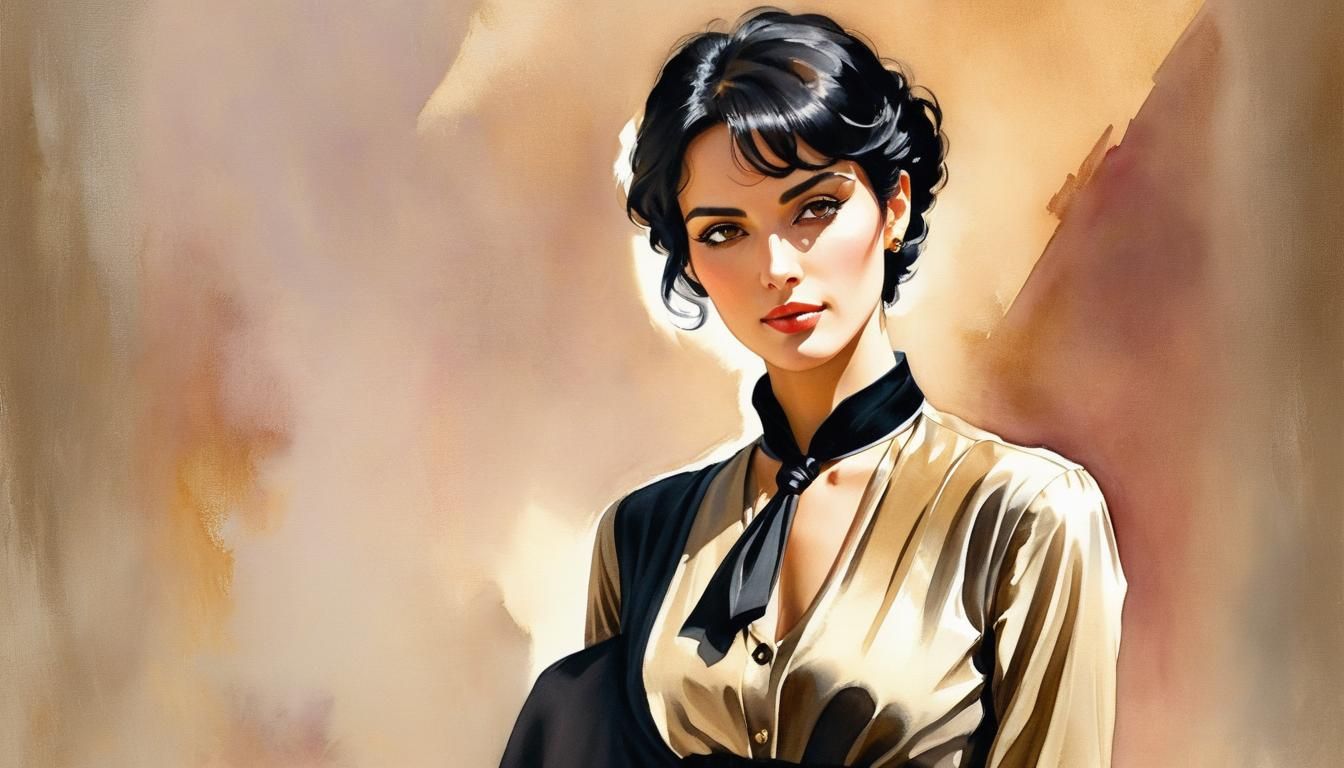 Mediterranean Woman with Black Ascot: Watercolor Painting