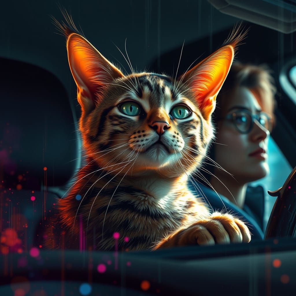 Dynamic Portrait of Feline Friends in a Car