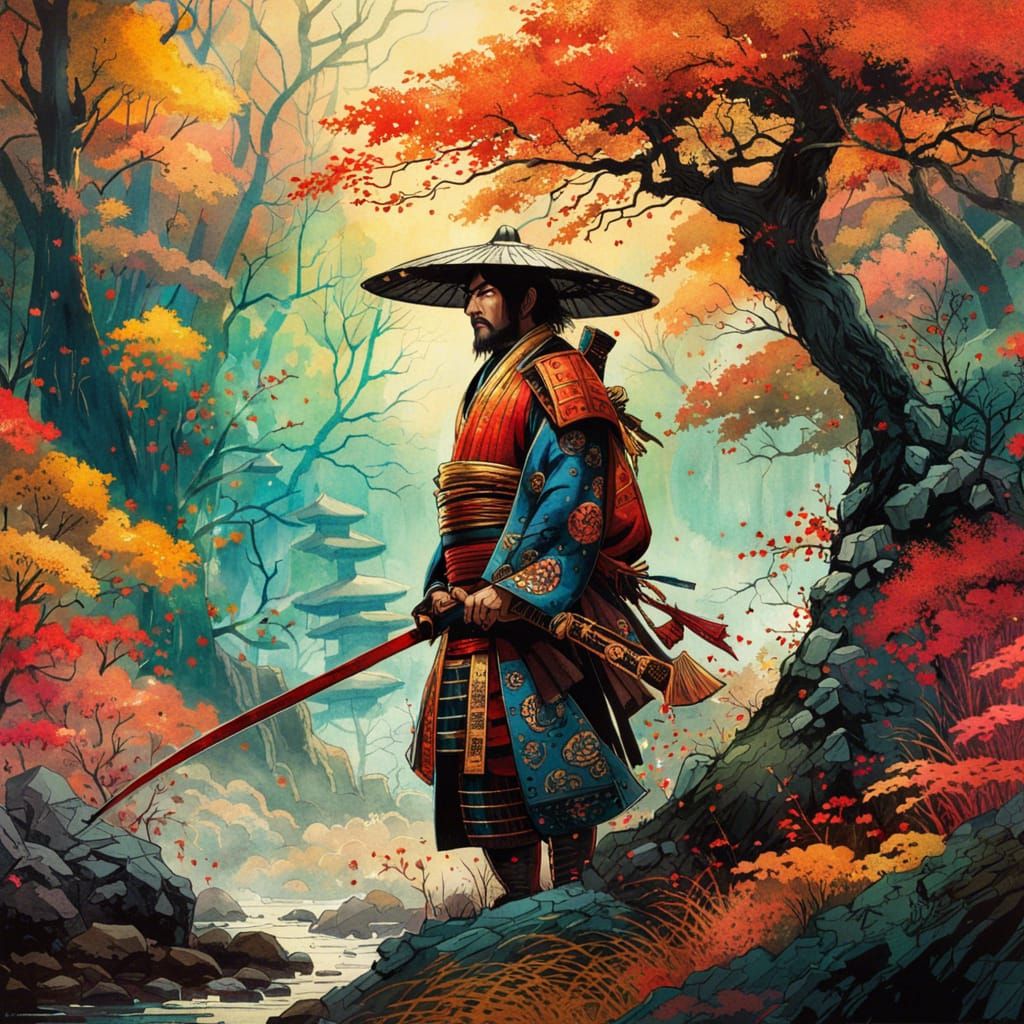 Detailed Samurai in Luminous Watercolor Forest