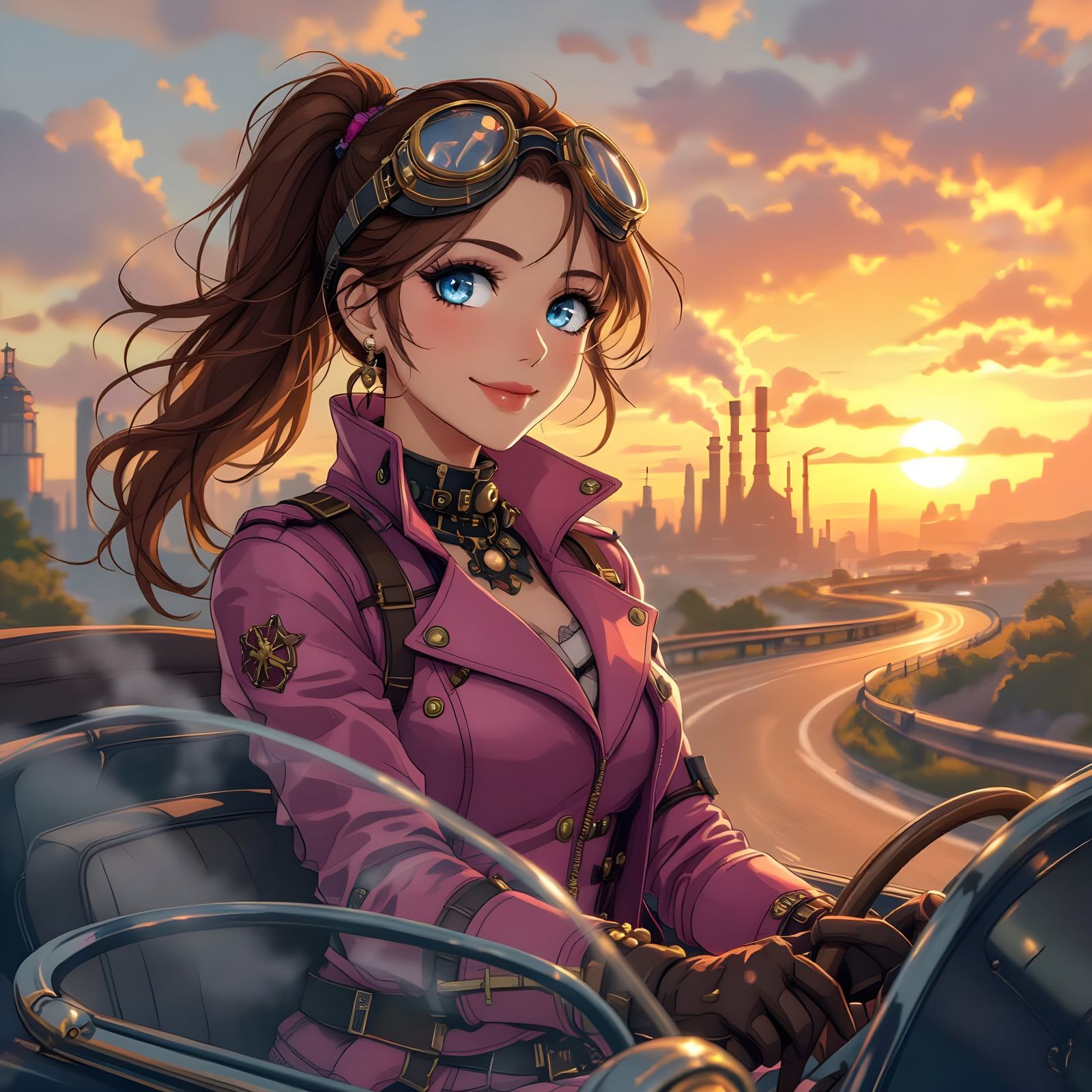Steampunk Woman Drives Cabrio Car in Manga Style