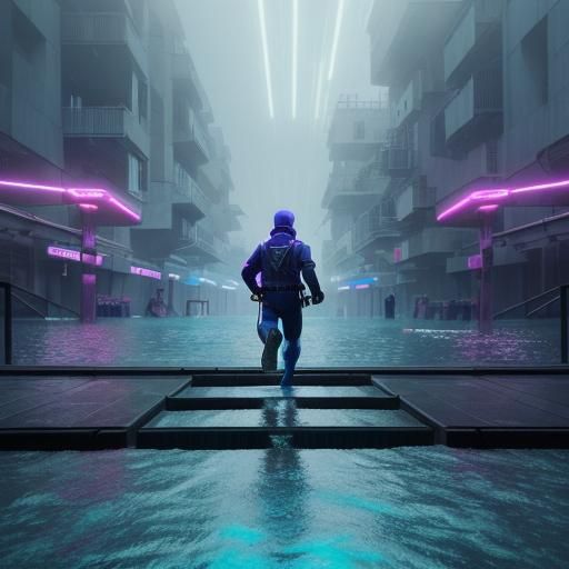 Cyberpunk Boy Runs on a Neon Lit Beach