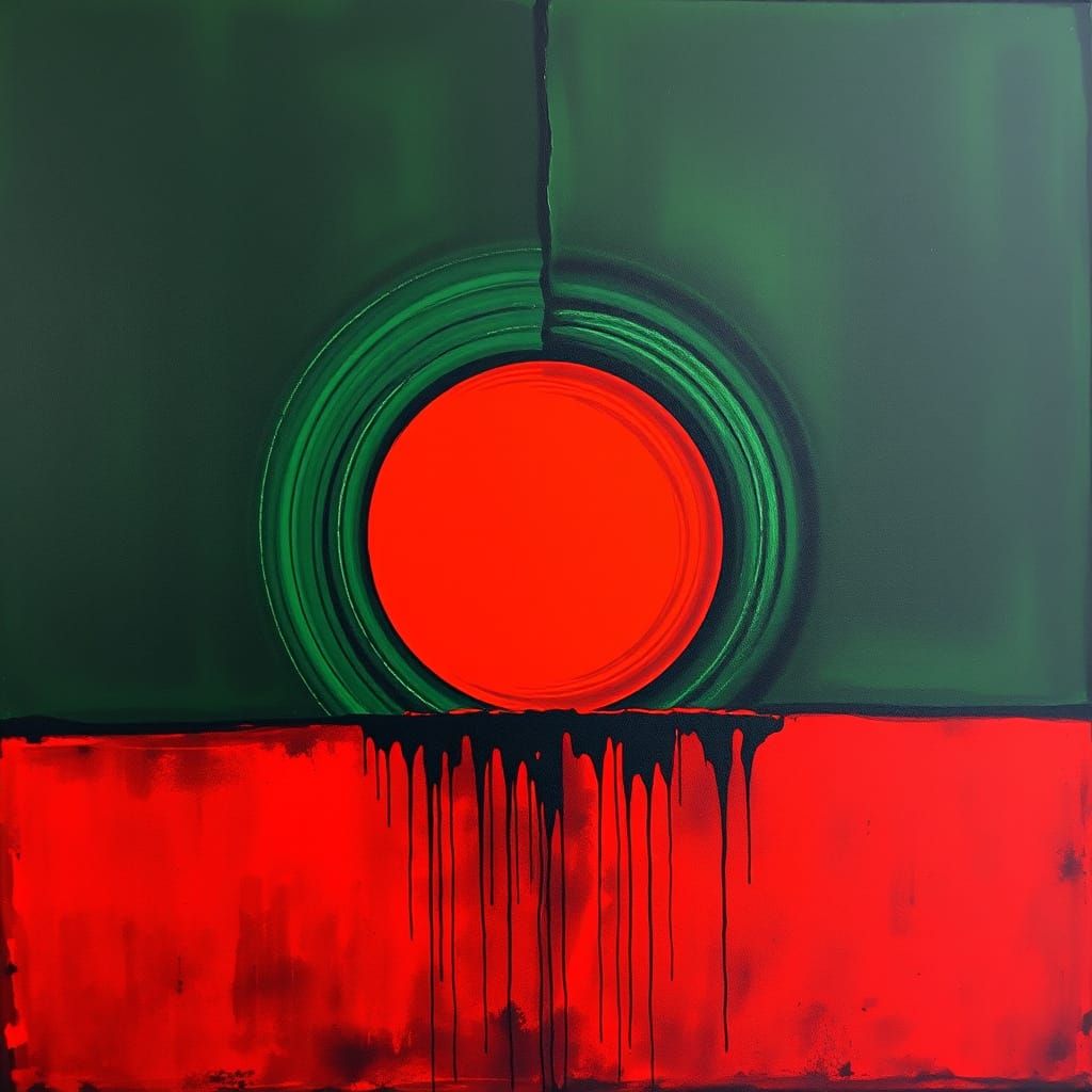 Abstract Painting: Dark Green Upper, Fiery Red Lower
