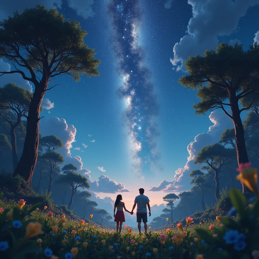 Couple Gazing at Starry Sky in Dreamlike Landscape